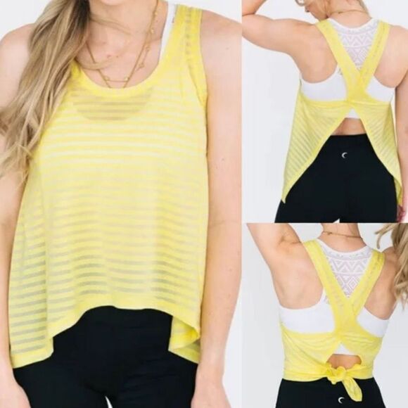 Zyia Lemon Nimbus Split Criss Cross Tie Back Striped Tank Top - Picture 2 of 8